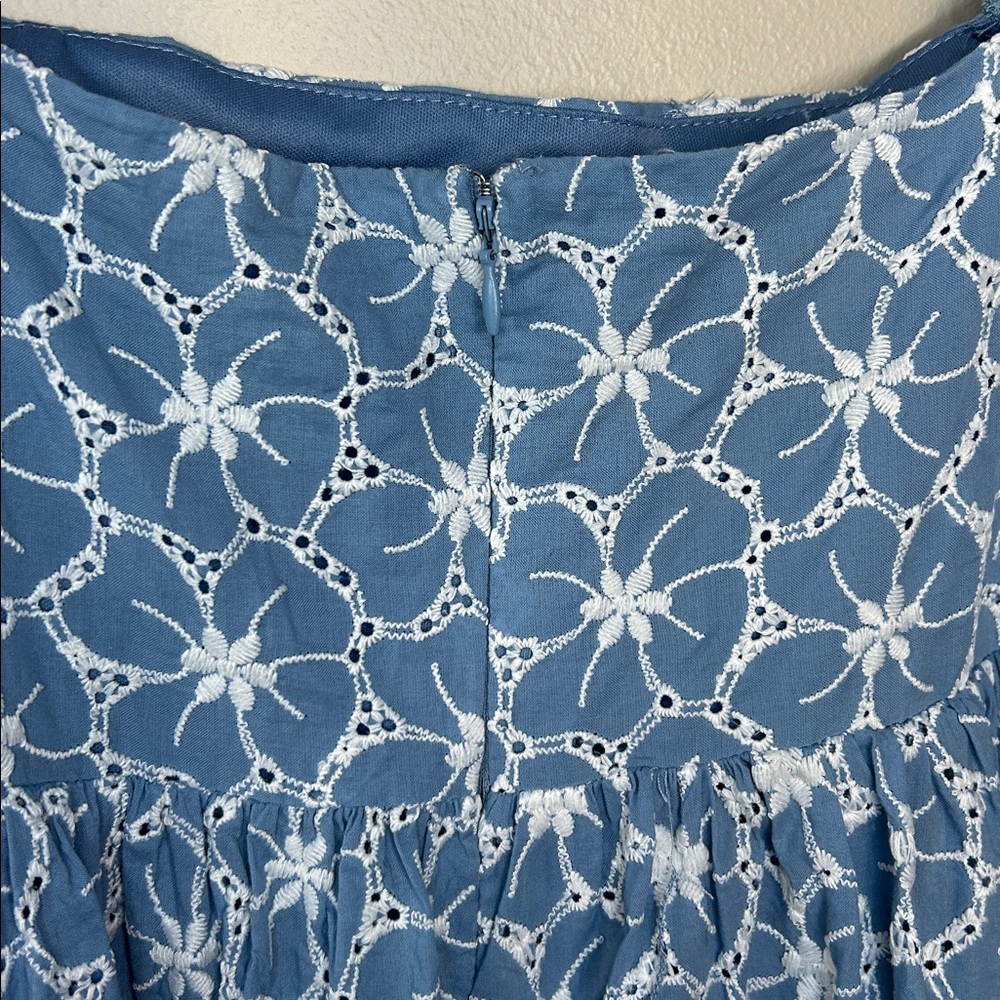 Lulus Fit to Frolic Blue Floral Eyelet Puff Sleeve‎ Babydoll Mini Dress Sz Small - Picture 8 of 12